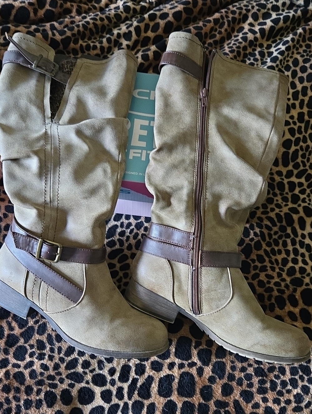 Women’s Taupe Mid-Calf Buckle Boots with Brown Trim